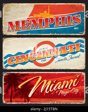 Memphis, Cincinnati and Miami american cities plates and travel stickers. United States of America grunge tin plate, vector banner with worn sides, American city symbols. USA retro souvenir card Stock Vector