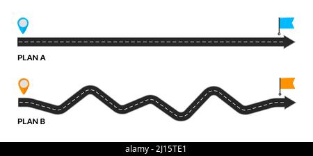 Plan B of destination point, expectation and reality of goal achievement way. Vector map of isolated straight path and difficult tangled road with location pins, navigation points and target flags Stock Vector
