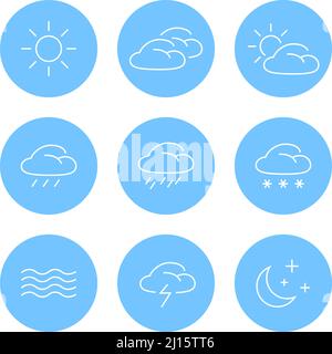 Weather concept line vector icons in blue circles. Set of contains different weather conditions Stock Vector