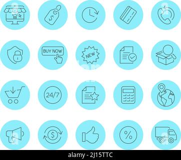 Online shopping line simple icons in blue circles Stock Vector