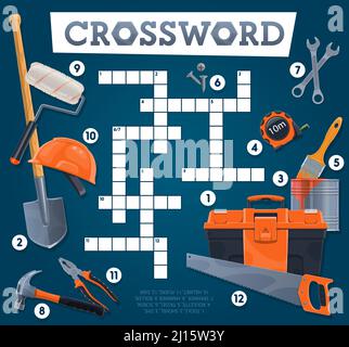 DIY repair tools, crossword grid to find word, vector quiz game riddle ...