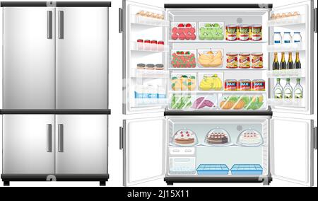 Refrigerator closed and opened door with lots of food illustration Stock Vector