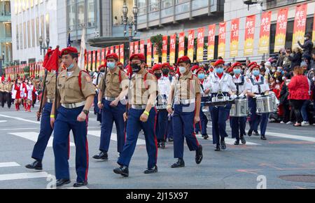 San Francisco, CA - Feb 19, 2022: Unidentified participants in the Chinese New Year Parade, one of the world's top 10 parades and the largest celebrat Stock Photo