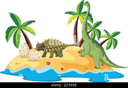 Scene with dinosaurs on island illustration Stock Vector