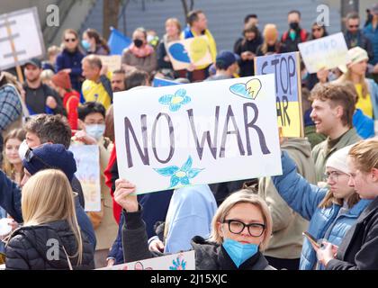 San Francisco, CA - Feb 26, 2022:  Unidentified participants at United We Stand For Ukraine Protest holding signs. Advocating for solidarity with the Stock Photo