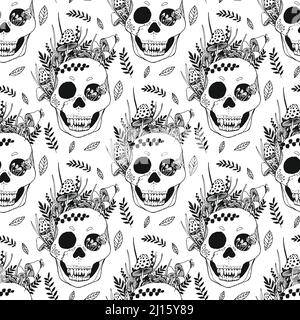 Skulls and plants with flowers vector seamless pattern. Stock Vector