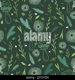 Mushrooms and forest leaves hand drawn seamless vector pattern. Stock Vector