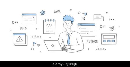 Programmer develop code doodle concept. Man with laptop testing program and software for computer or mobile phone. Developer work with java, html, php, python, scripts, Line art vector illustration Stock Vector