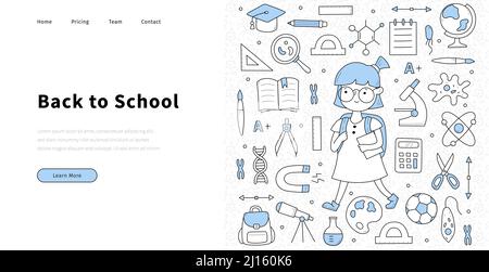 Back to school sketch hand drawing web banner. Landing page template for online education with doodle icons and line art science stuff, book and pencil, backpack and magnifier, globe and microscope Stock Vector