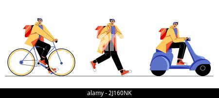 Courier deliver parcels on bicycle, by feet and scooter. Shipping service worker with correspondence, mail, documents, food, order transportation to customer, Cartoon line art flat vector illustration Stock Vector