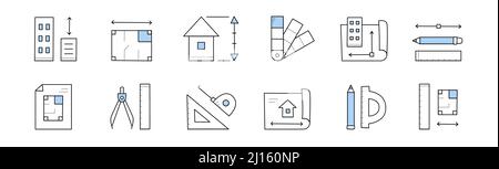 Architecture icons with house project blueprint, building construction plan, measure tools. Vector hand drawn set of architect equipment, engineering draft, drawing compass and home scheme Stock Vector