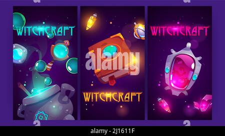 Witchcraft posters with magic amulets, mirror, book of spell, cauldron and potions. Vector vertical banners with cartoon illustration of wizard equipment, mage book, elixir flask, crystal, pendant Stock Vector