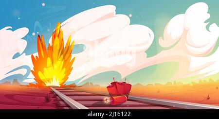 Train sabotage western scene, tnt dynamite with burning fuse lying on railroad sleepers and bomb explosion at wild west nature landscape with desert under cloudy sky, Cartoon vector illustration Stock Vector