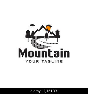 Mountain landscape design logo, trees, clouds, sun Stock Vector