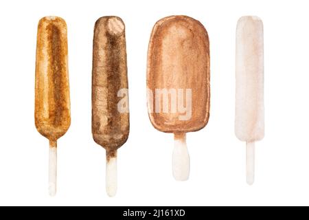 Watercolor drawing ice creams on stick isolated on white background. Chocolate and vanilla sundae. Food illustration for poster, print or design. Stock Photo