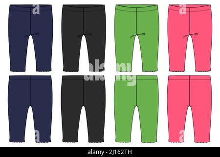 Black, navy, Green, purple color Cotton fabric pant for baby girls. Overall technical Fashion flat sketch vector template front back view. Set Pant tr Stock Vector
