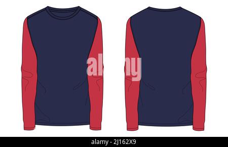 Long sleeve Slim fit two tone navy, red color t shirt technical fashion  flat sketch vector illustration template front, back views isolated on  white b Stock Vector Image & Art - Alamy
