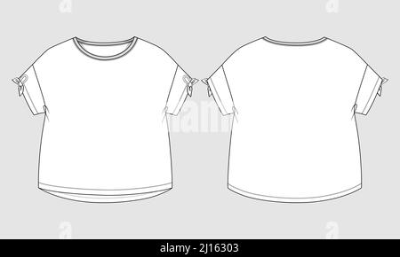 Short sleeve T-shirt Technical sketch fashion template for Women's and Girls. Vector art illustration Clothing mock up front, back view. Easy Edit cus Stock Vector