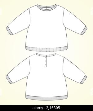 Long Sleeve sweatshirt Overall technical fashion flat sketch vector illustration template for women's. Cotton fleece fabric clothing mock up front and Stock Vector
