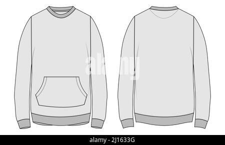Round neck Long sleeve Sweatshirt overall fashion Flat Sketches technical drawing vector template For men's. Apparel dress design mockup CAD illustrat Stock Vector