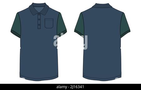 Two tone Navy, and Green color Short sleeve Basic Polo shirt With pocket technical fashion flat sketch vector Illustration Mock up template front and Stock Vector