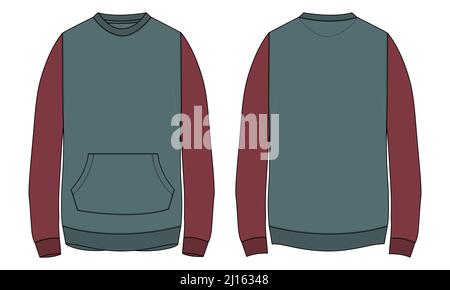 Round neck Long sleeve Sweatshirt overall fashion Flat Sketches technical drawing vector template For men's. Apparel dress design mockup CAD illustrat Stock Vector