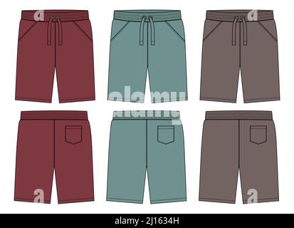 Red, green, Khaki color Boys Sweat Shorts vector fashion flat sketch template. Young Men Technical Drawing Fashion art Illustration isolated on white Stock Vector