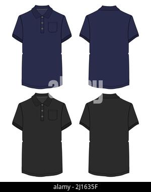 Black and navy color Short sleeve Polo T shirt overall technical fashion flat sketch vector illustration template front and back views. Apparel clothi Stock Vector