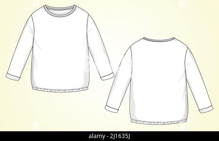 Relax fit Long Sleeve T-Shirt overall technical Fashion Flat Sketch vector template for Women's. Apparel design blank t shirt mock up front, back view Stock Vector