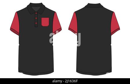 Two tone Short sleeve Basic Polo T-shirt With pocket overall technical fashion flat sketch vector Illustration template front and back views. Basic ap Stock Vector
