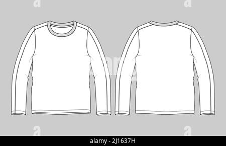 Long sleeve round neck Technical Sketch flat fashion T-shirt front and back view . Apparel dress design CAD Mock up Vector Illustration template. Stock Vector