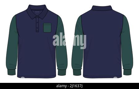Long sleeve Polo shirt with pocket technical fashion flat sketch vector illustration template front and back views. Stock Vector
