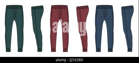 Multi color Set of collection Basic Sweat pant technical fashion flat sketch template front and back views. Apparel Fleece Cotton jogger pants vector Stock Vector
