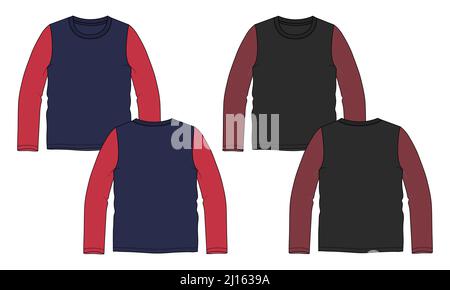 Two tone red and navy blue color long sleeve t shirt technical fashion flat  sketch vector template 9259744 Vector Art at Vecteezy