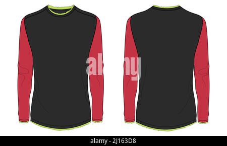 Long sleeve Slim fit two tone navy, red color t shirt technical fashion flat sketch vector illustration template front, back views isolated on white b Stock Vector