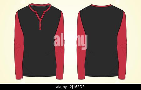 Long sleeve Slim fit two tone black, red color t shirt technical fashion flat sketch vector illustration template front, back views isolated on white Stock Vector