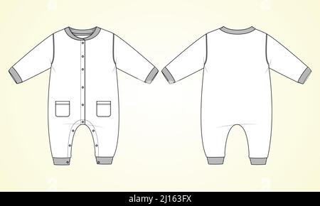 Baby bodysuit Romper Technical Fashion Flat sketch vector illustration template Front And back view. Modern Stylish Kids Dress design Easy edit and cu Stock Vector