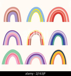Trendy isolated colorful hand drawn rainbows. Design for invitation, poster, card, fabric. Cute abstract holiday rainbow illustration for baby Stock Vector