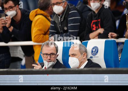 Brescia, Italy. 20th Mar, 2022. Italy, Brescia march 20 2022: Ettore Messina (Armani manager) in the bench during basketball game Germani Brescia vs A|X Armani Milan, Lega Basket A 2021-2022 day23 (Credit Image: © Fabrizio Andrea Bertani/Pacific Press via ZUMA Press Wire) Stock Photo