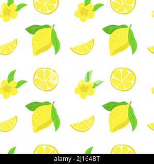 Seamless pattern of bright lemons, hand-drawn elements. Summer. Yellow lemons with leaves and flowers on white background. Suitable for textiles and Stock Vector