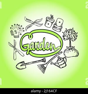A logo for garden supplies. A set of gardening elements, hand-drawn in doodle style. Planting young trees. Garden work. Tools for the garden. Simple Stock Vector