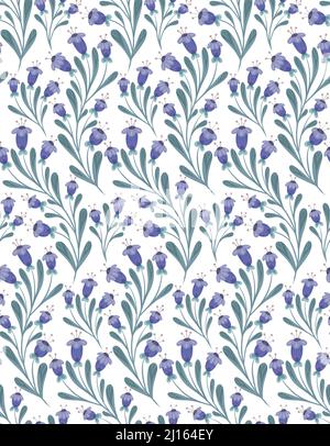 Seamless pattern with small violet flowers on curled stems with folk arts on white background. Vector texture with floral ornaments with naive decorat Stock Vector