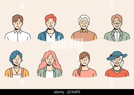 Set of diverse people of different ages and genders profile pictures. Collection of smiling young and old men and women avatar portraits and faces. Generation and diversity. Vector illustration.  Stock Vector