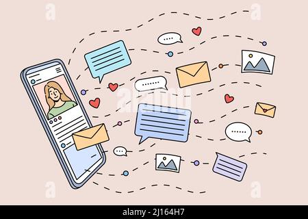 Online communication and chatting on modern cellphone device. Social media notifications and email on smartphone gadget. Communicating on internet. Flat vector illustration.  Stock Vector