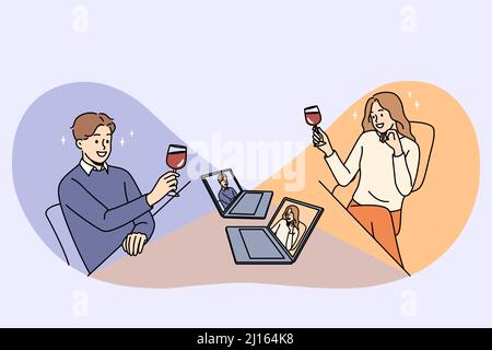 Happy man and woman with wine glasses having online date on computers. Smiling couple enjoy virtual meeting or webcam event on laptop on isolation. Relationship on distance. Vector illustration.  Stock Vector