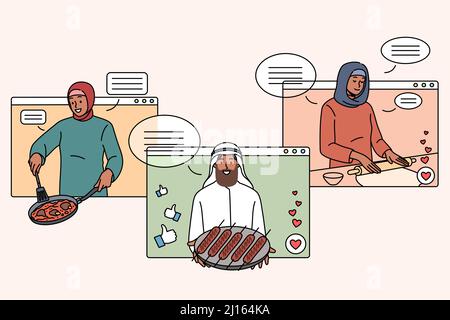 Set of diverse Arabic food bloggers on screen cooking tasty dishes on internet. Collection of arab influencers prepare traditional national meal, have class on web. Flat vector illustration.  Stock Vector