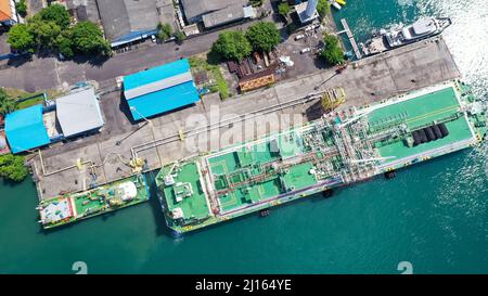 Aerial view tanker ship at the port, Import export business logistic and transportation by tanker ship with copy space Stock Photo