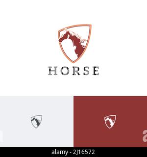 Equine Equestrian Shield Horse Engraving Style Vintage Retro Logo Template Stock Vector
