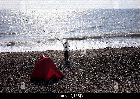 Abstract of a beach scene with  a man standing next to a red tent holding a fishing rod. Stock Photo