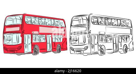 London double-decker modern bus in red and pencil drawing with front view. Red bus. Stock Vector